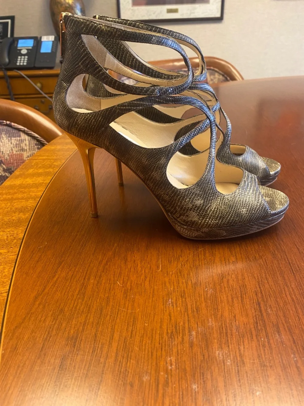 Jimmy Choo Leda Metallic Bronze Lizard Embossed Cage Sandals – Size 38 – Made in
